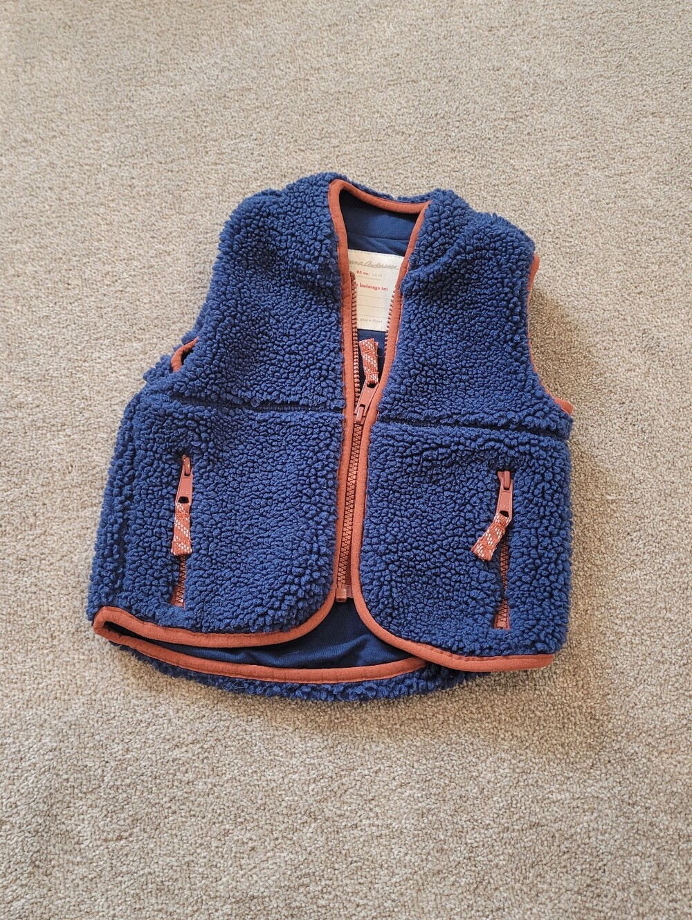 Hanna Andersson Kids Blue Sherpa Vest with Rust Trim Size 2T - Picture 2 of 4